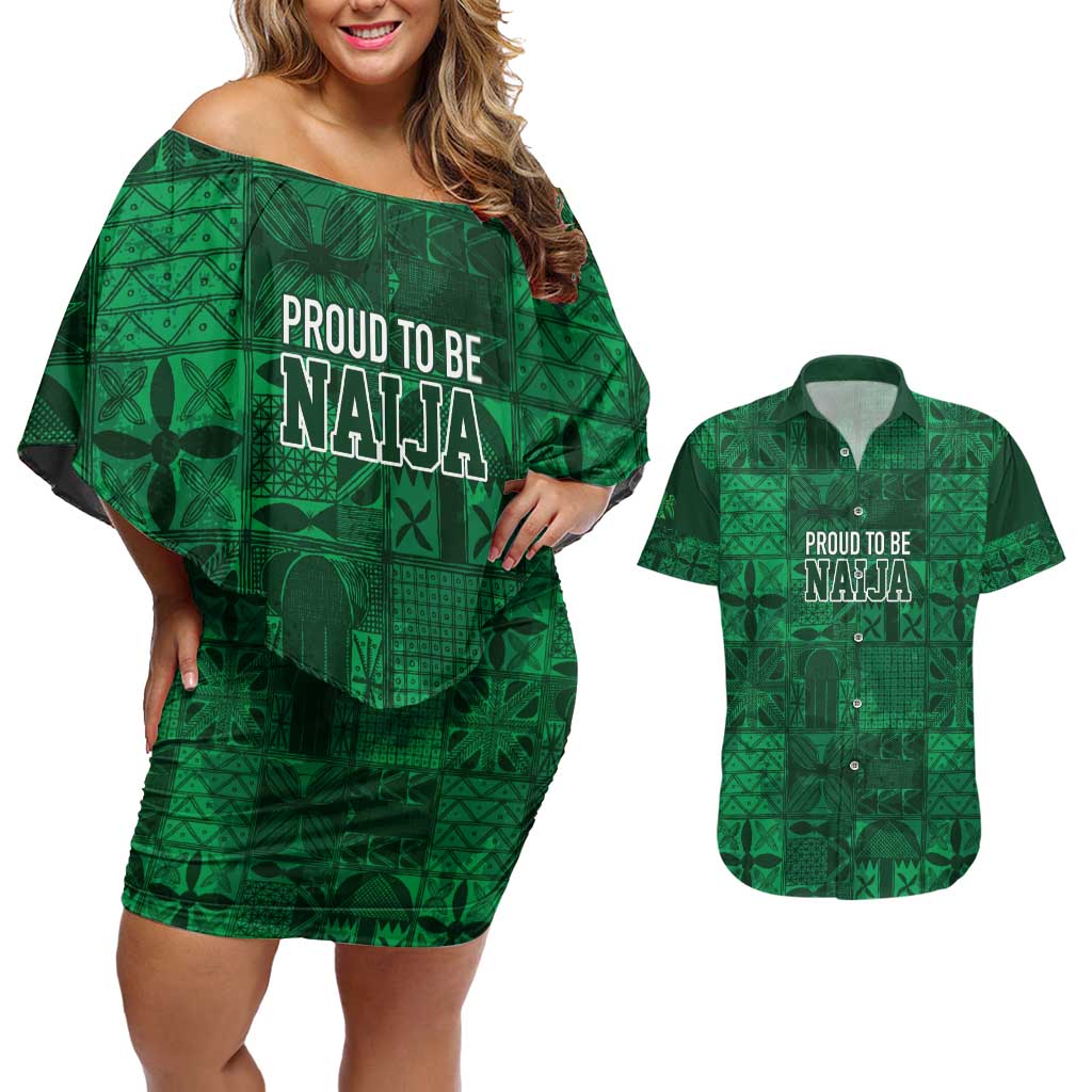 Nigeria Yoruba Adire Patterns Couples Matching Off Shoulder Short Dress and Hawaiian Shirt Proud To Be Naija