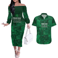 Nigeria Yoruba Adire Patterns Couples Matching Off The Shoulder Long Sleeve Dress and Hawaiian Shirt Proud To Be Naija
