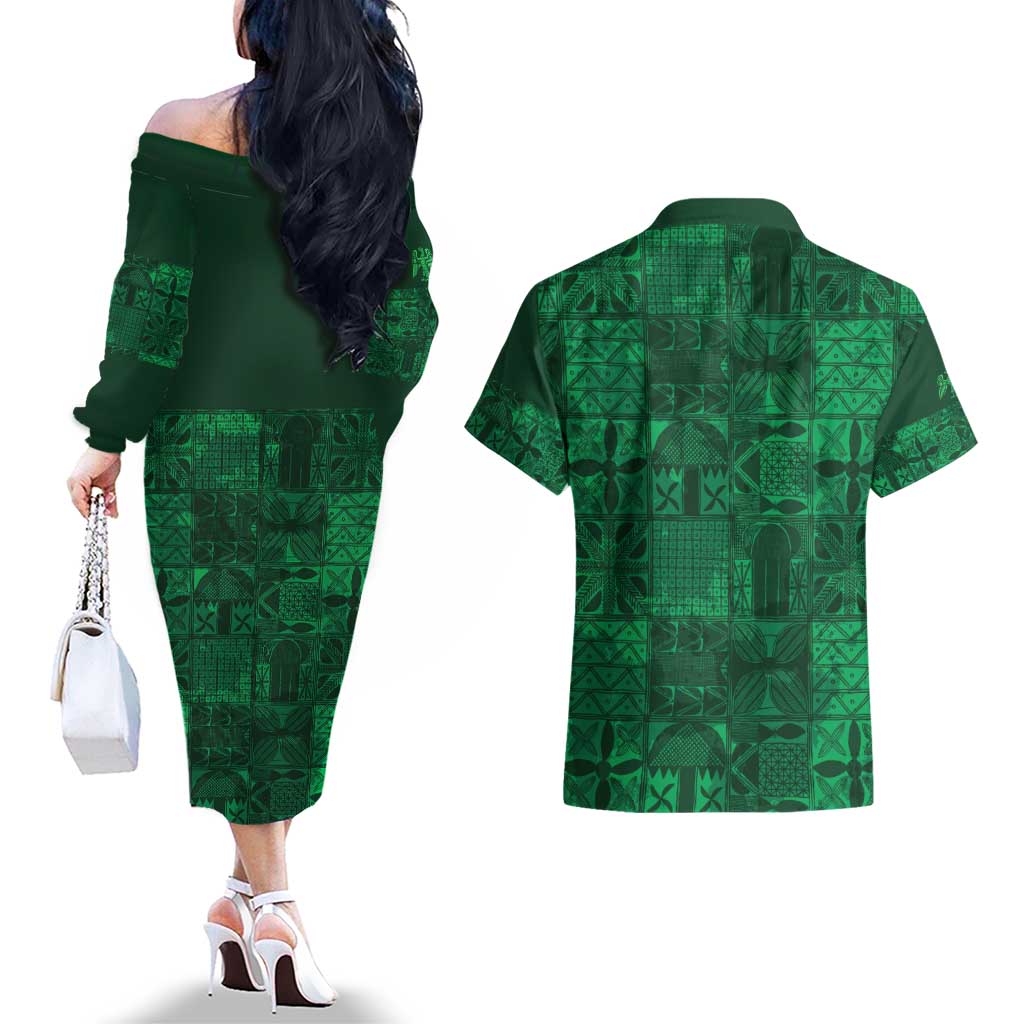 Nigeria Yoruba Adire Patterns Couples Matching Off The Shoulder Long Sleeve Dress and Hawaiian Shirt Proud To Be Naija
