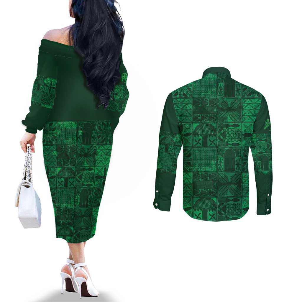 Nigeria Yoruba Adire Patterns Couples Matching Off The Shoulder Long Sleeve Dress and Long Sleeve Button Shirt Proud To Be Naija