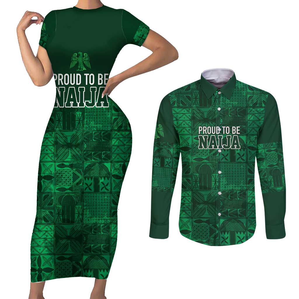 Nigeria Yoruba Adire Patterns Couples Matching Short Sleeve Bodycon Dress and Long Sleeve Button Shirt Proud To Be Naija