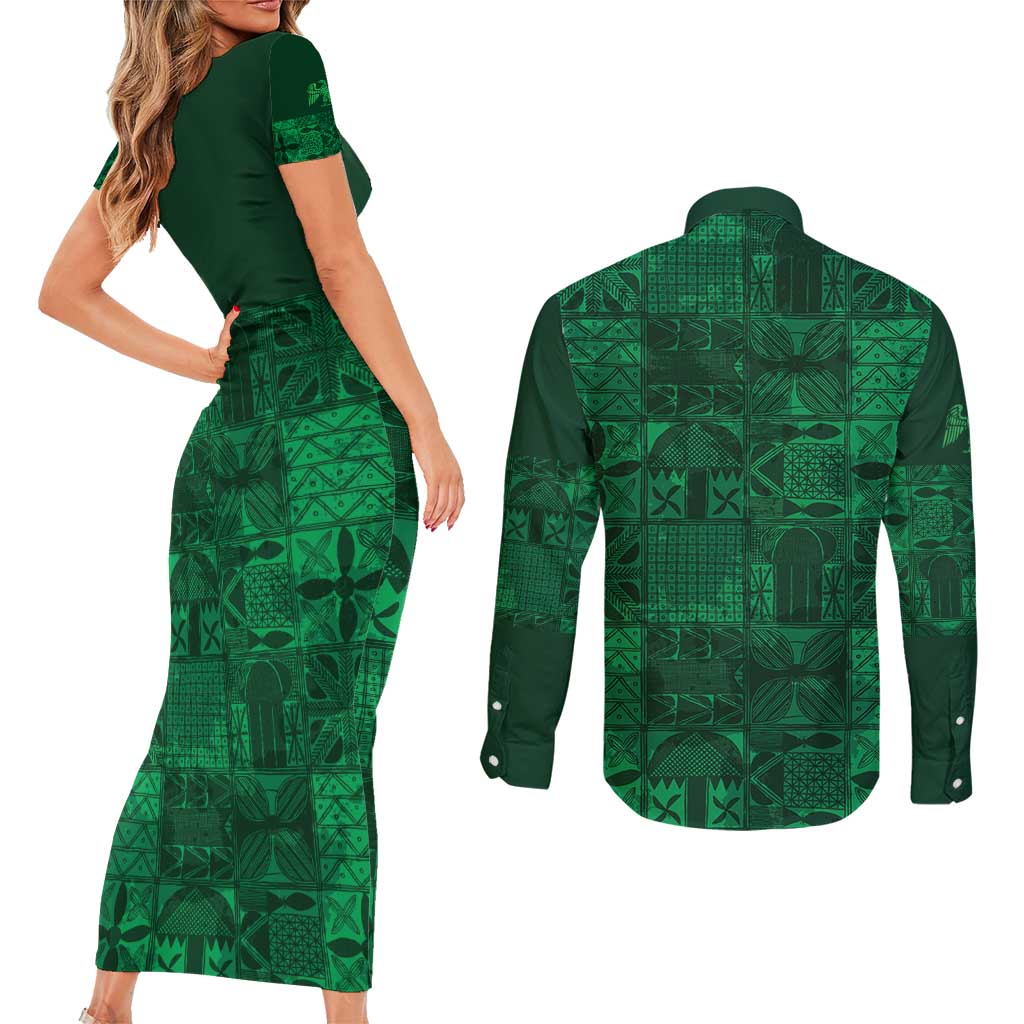 Nigeria Yoruba Adire Patterns Couples Matching Short Sleeve Bodycon Dress and Long Sleeve Button Shirt Proud To Be Naija