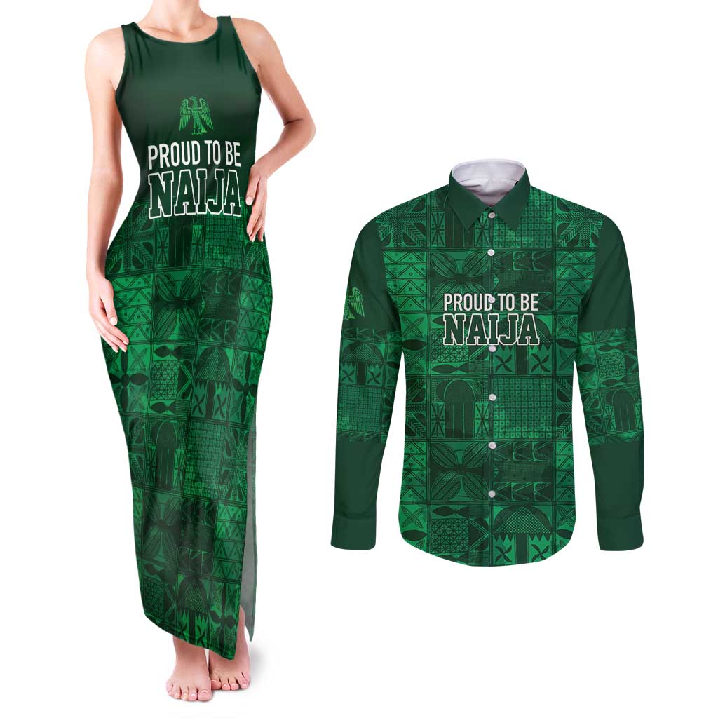 Nigeria Yoruba Adire Patterns Couples Matching Tank Maxi Dress and Long Sleeve Button Shirt Proud To Be Naija
