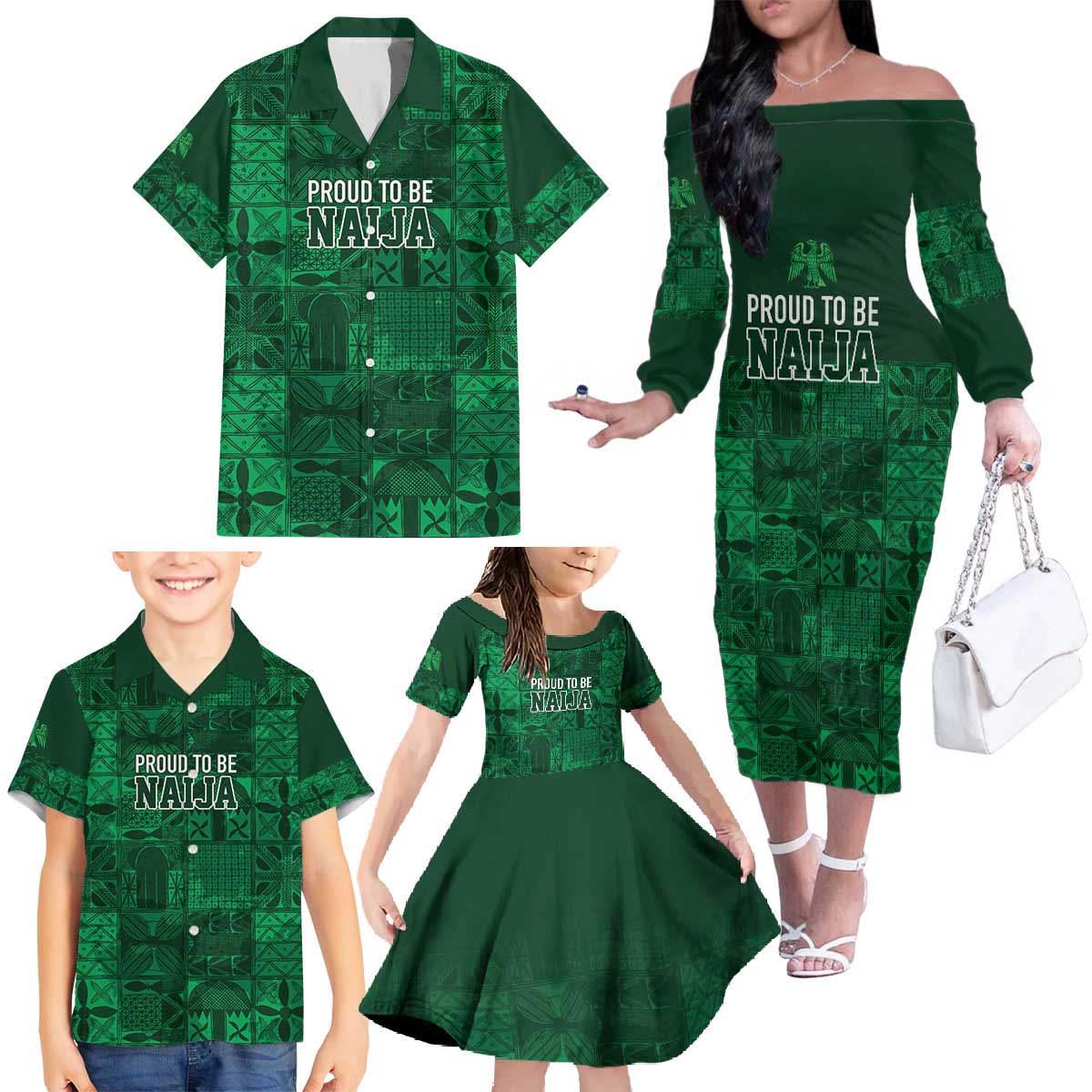 Nigeria Yoruba Adire Patterns Family Matching Off The Shoulder Long Sleeve Dress and Hawaiian Shirt Proud To Be Naija