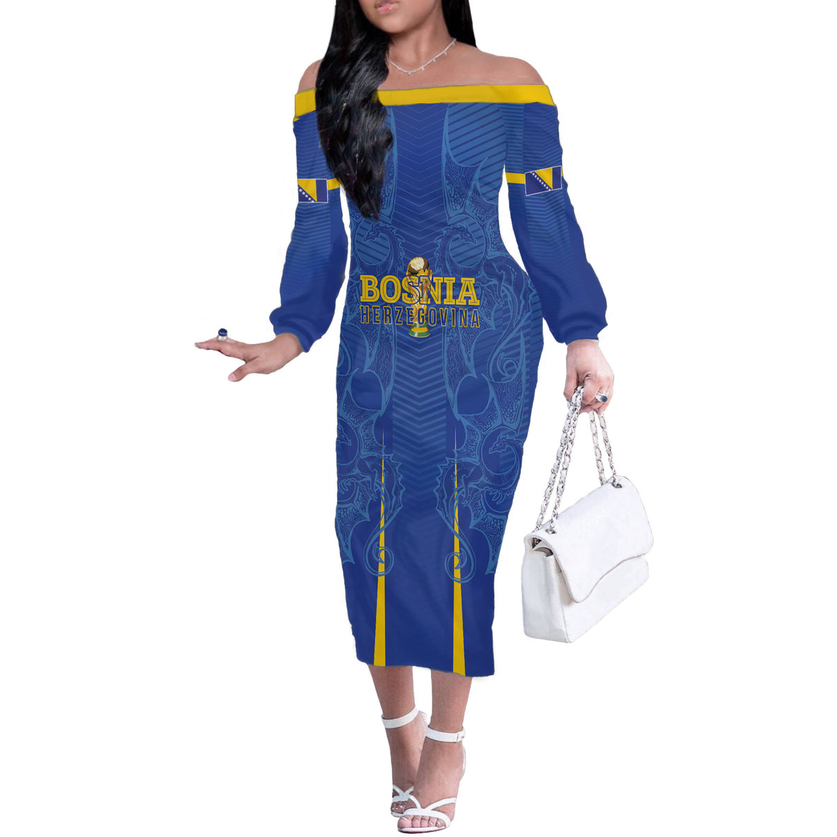 Bosnia WC2026 Football Custom Off The Shoulder Long Sleeve Dress Dragons Return