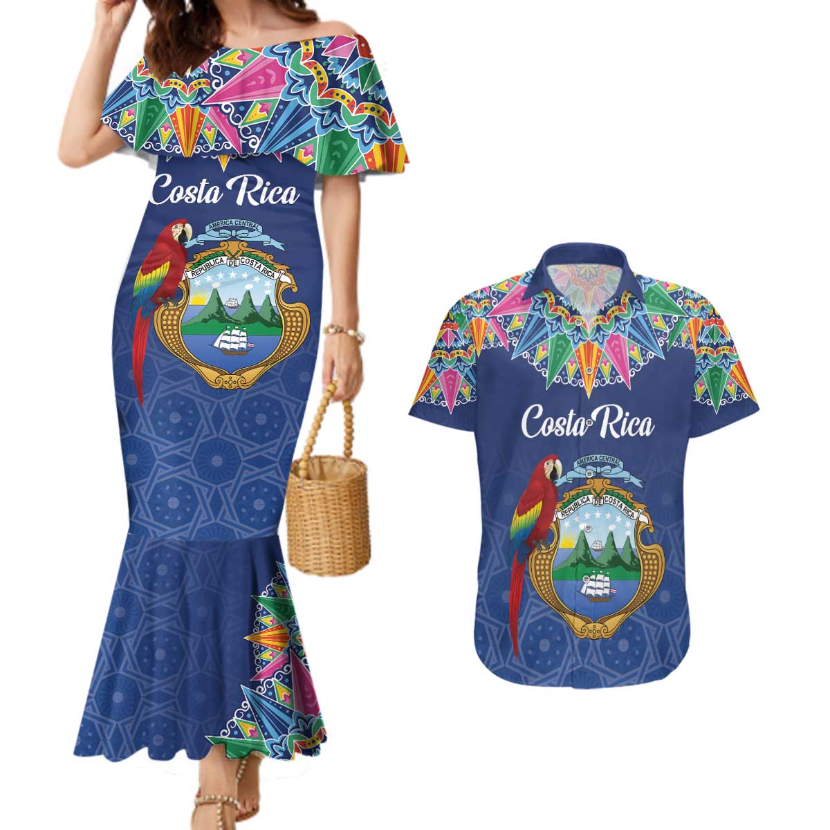 Pura Vida Costa Rica Personalized Couples Matching Mermaid Dress and Hawaiian Shirt Oxcart Ornate Inspired - Wonder Print Shop