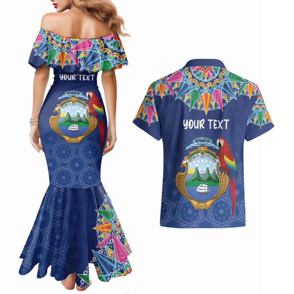 Pura Vida Costa Rica Personalized Couples Matching Mermaid Dress and Hawaiian Shirt Oxcart Ornate Inspired - Wonder Print Shop