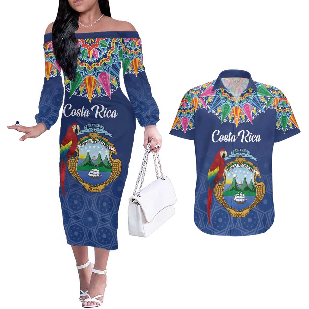 Pura Vida Costa Rica Personalized Couples Matching Off The Shoulder Long Sleeve Dress and Hawaiian Shirt Oxcart Ornate Inspired - Wonder Print Shop