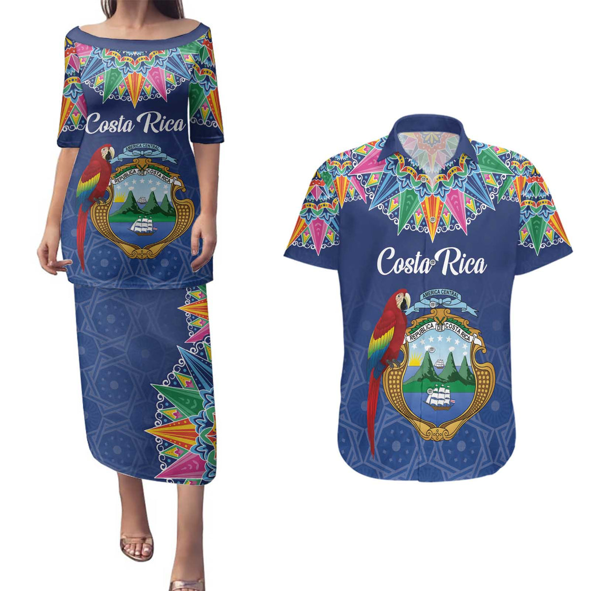 Pura Vida Costa Rica Personalized Couples Matching Puletasi and Hawaiian Shirt Oxcart Ornate Inspired - Wonder Print Shop