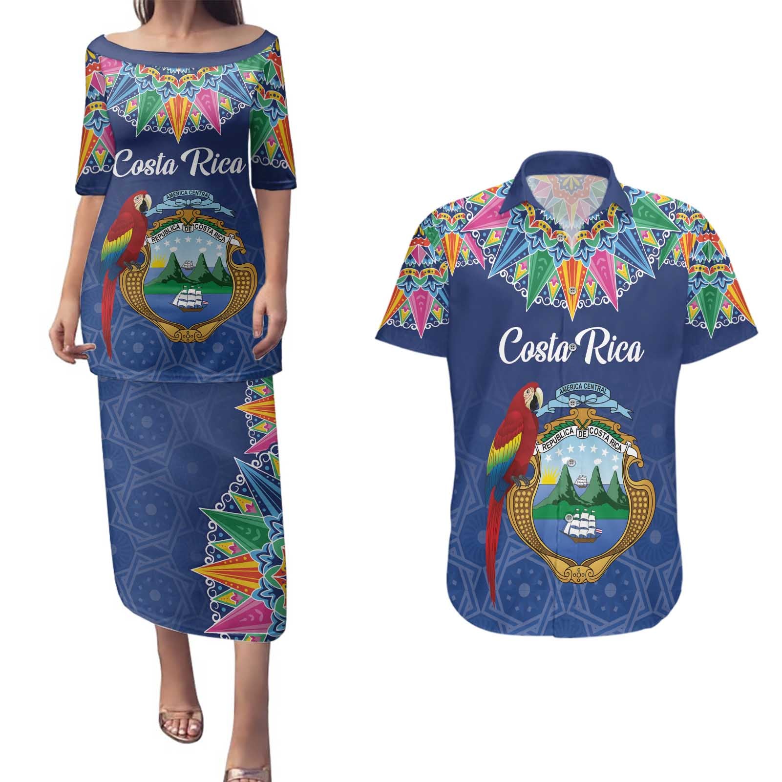 Pura Vida Costa Rica Personalized Couples Matching Puletasi and Hawaiian Shirt Oxcart Ornate Inspired - Wonder Print Shop