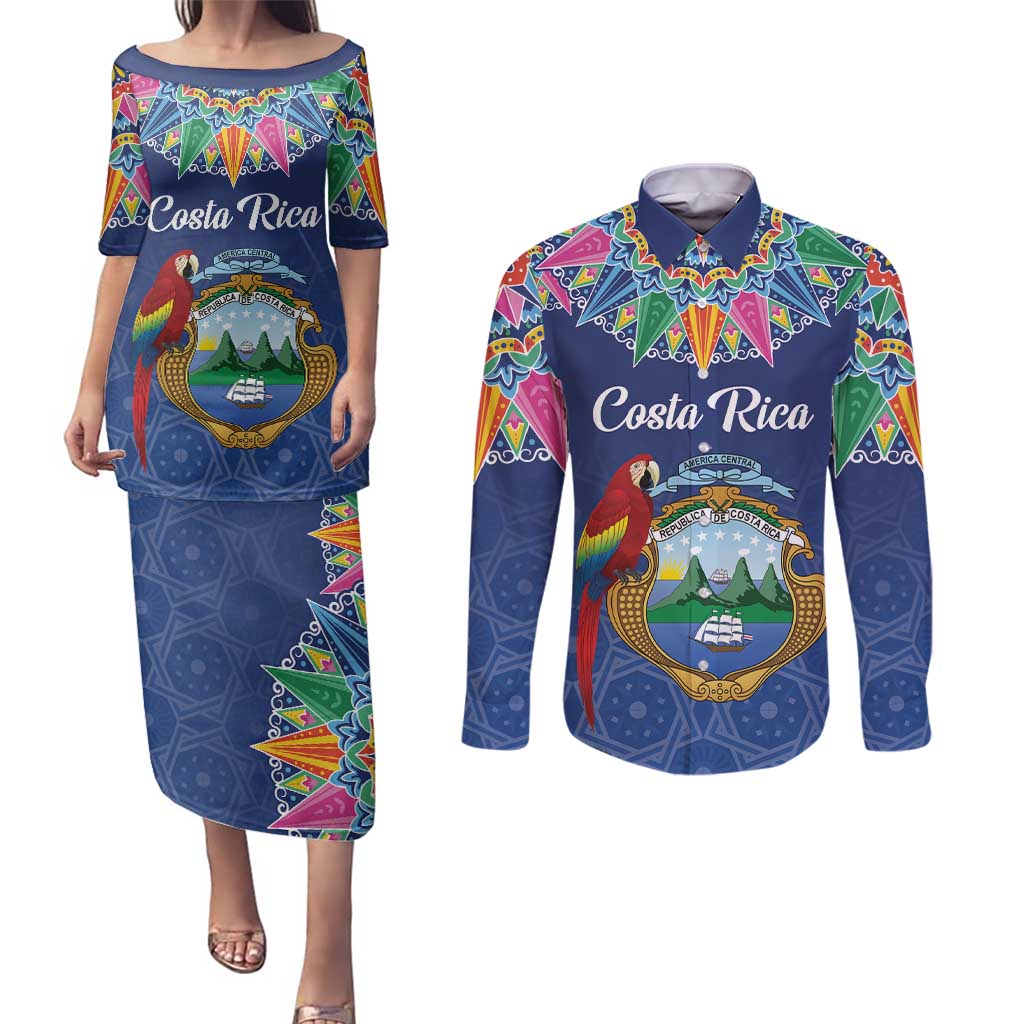 Pura Vida Costa Rica Personalized Couples Matching Puletasi and Long Sleeve Button Shirt Oxcart Ornate Inspired - Wonder Print Shop