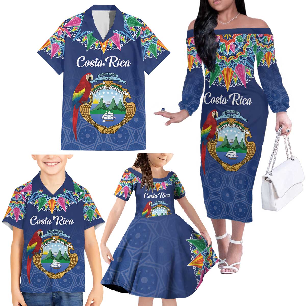 Pura Vida Costa Rica Personalized Family Matching Off The Shoulder Long Sleeve Dress and Hawaiian Shirt Oxcart Ornate Inspired - Wonder Print Shop