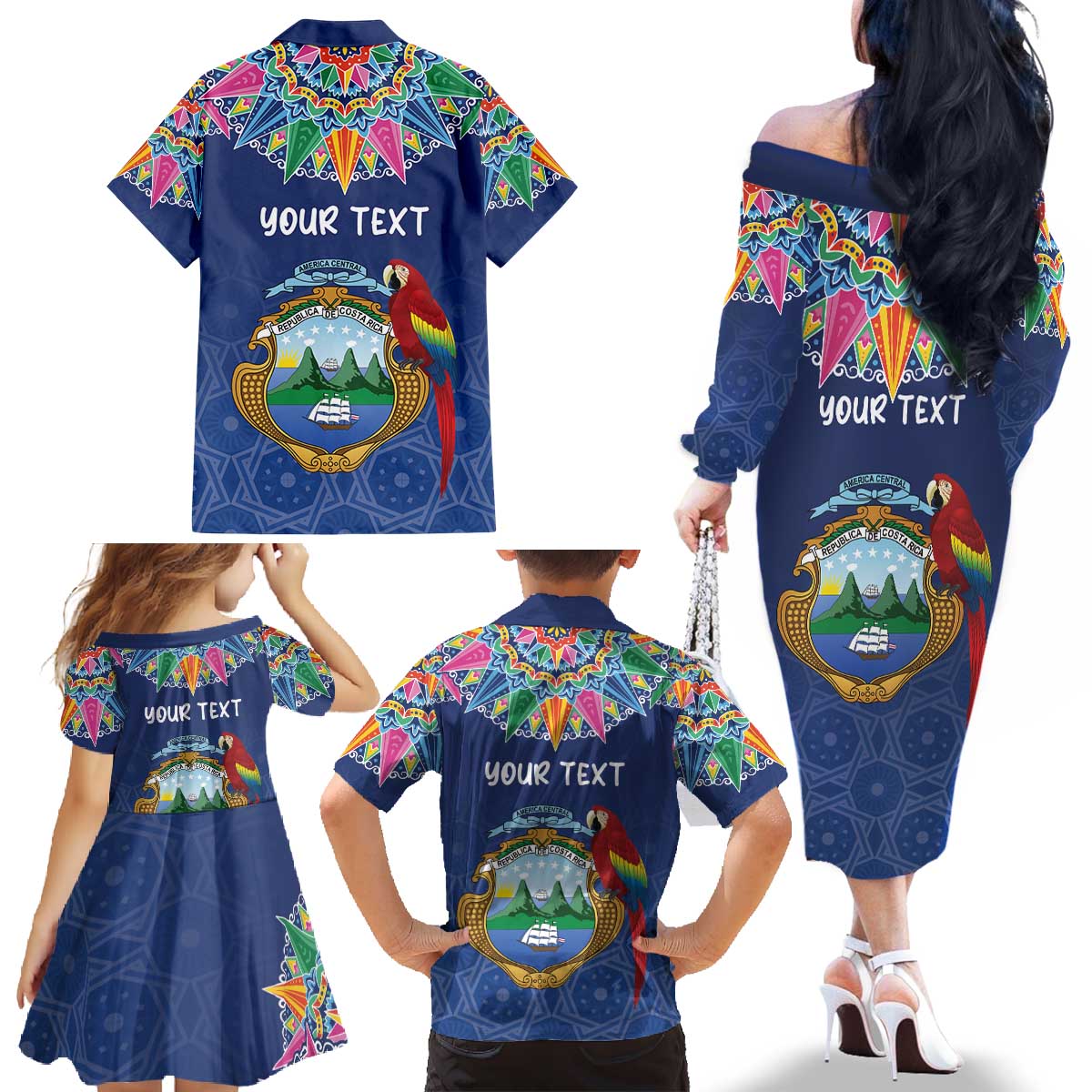 Pura Vida Costa Rica Personalized Family Matching Off The Shoulder Long Sleeve Dress and Hawaiian Shirt Oxcart Ornate Inspired - Wonder Print Shop