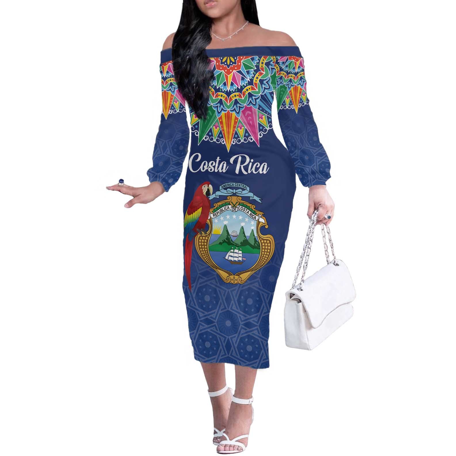 Pura Vida Costa Rica Personalized Off The Shoulder Long Sleeve Dress Oxcart Ornate Inspired - Wonder Print Shop