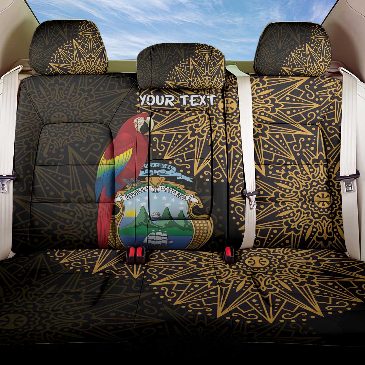 Pura Vida Costa Rica Personalized Back Car Seat Cover Oxcart Ornate Inspired Gold Pattern - Wonder Print Shop