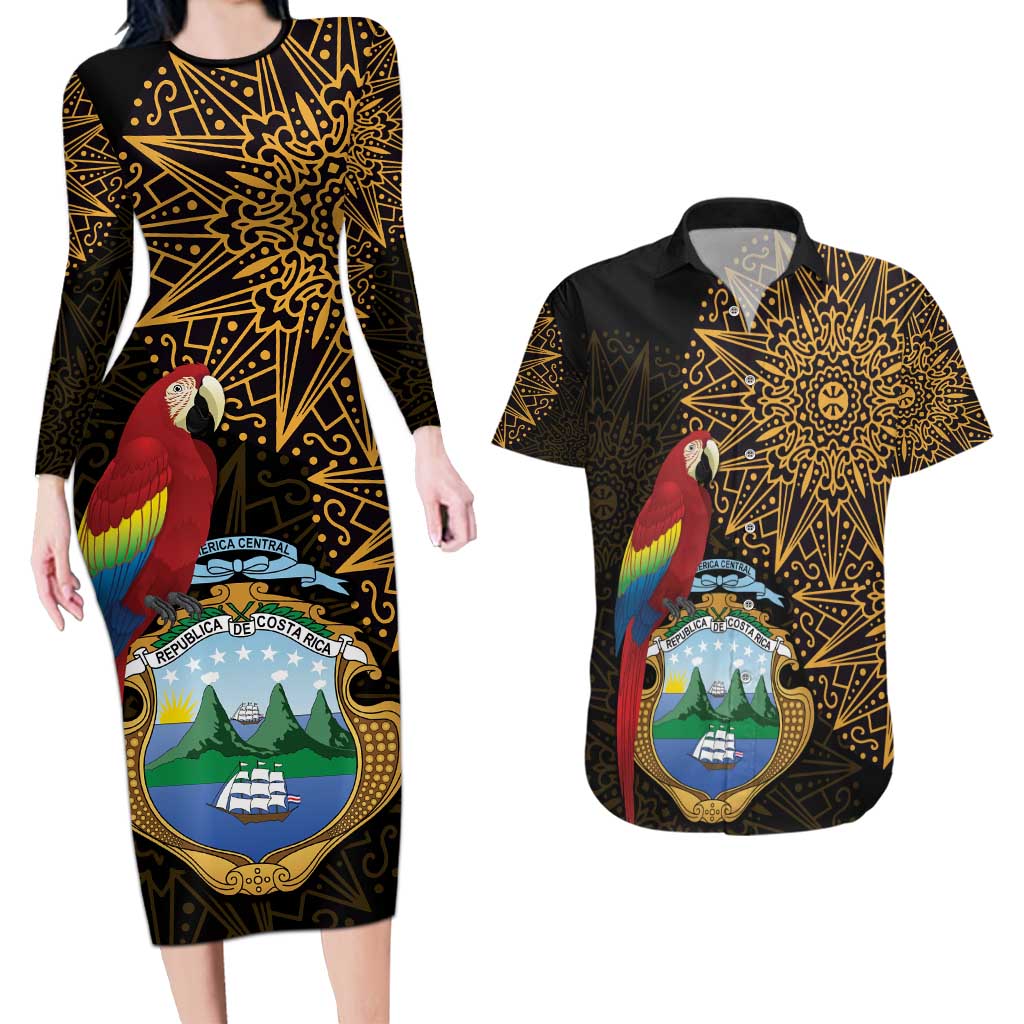 Pura Vida Costa Rica Personalized Couples Matching Long Sleeve Bodycon Dress and Hawaiian Shirt Oxcart Ornate Inspired Gold Pattern - Wonder Print Shop