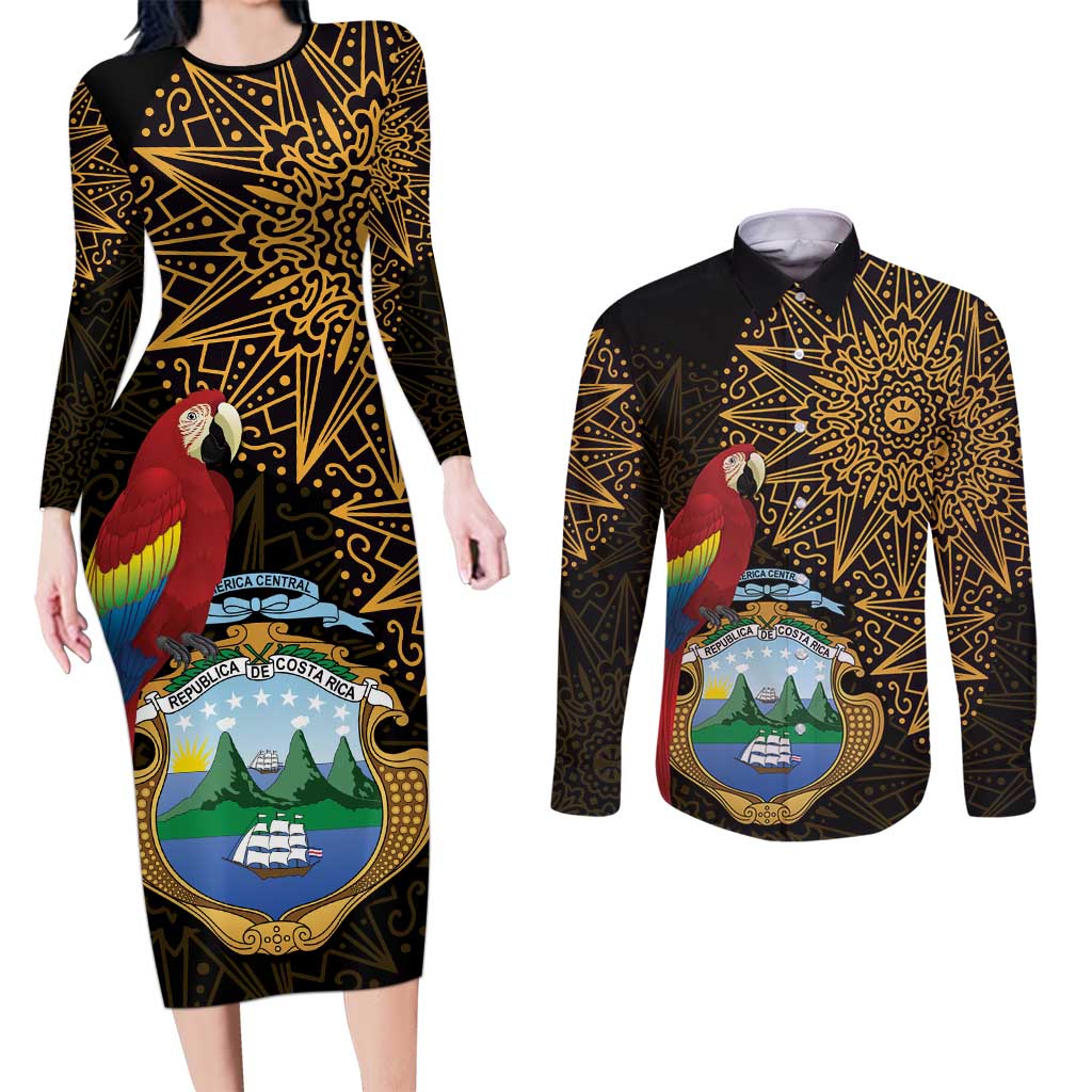 Pura Vida Costa Rica Personalized Couples Matching Long Sleeve Bodycon Dress and Long Sleeve Button Shirt Oxcart Ornate Inspired Gold Pattern - Wonder Print Shop