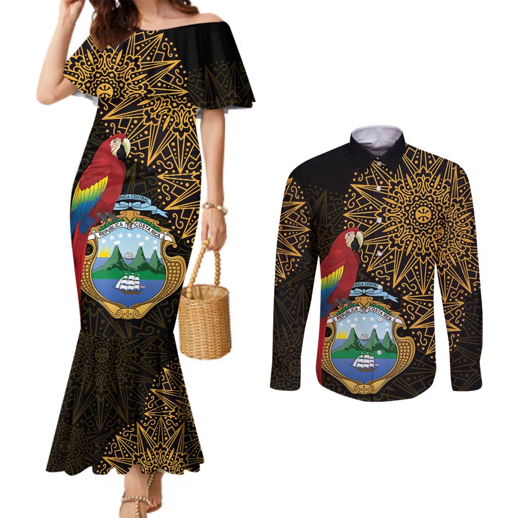 Pura Vida Costa Rica Personalized Couples Matching Mermaid Dress and Long Sleeve Button Shirt Oxcart Ornate Inspired Gold Pattern - Wonder Print Shop