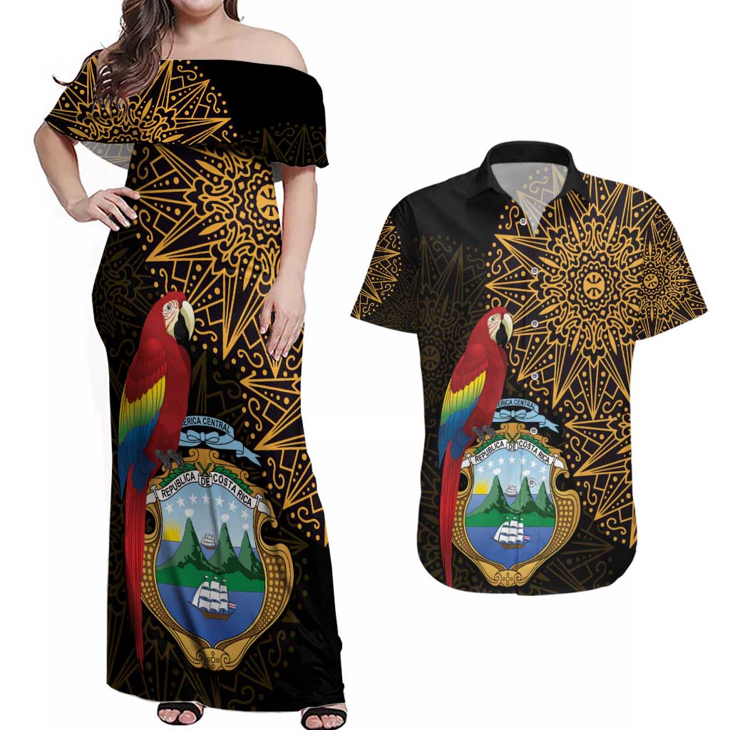 Pura Vida Costa Rica Personalized Couples Matching Off Shoulder Maxi Dress and Hawaiian Shirt Oxcart Ornate Inspired Gold Pattern - Wonder Print Shop