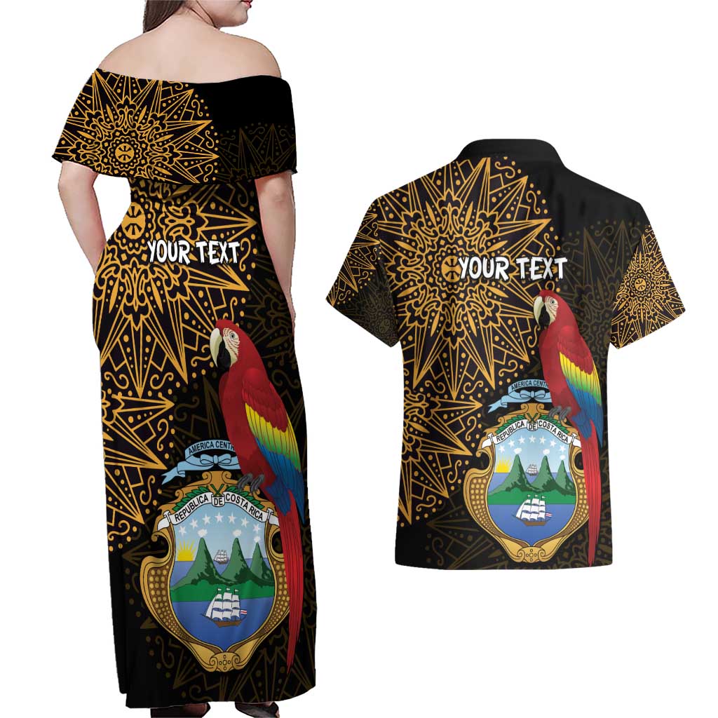 Pura Vida Costa Rica Personalized Couples Matching Off Shoulder Maxi Dress and Hawaiian Shirt Oxcart Ornate Inspired Gold Pattern - Wonder Print Shop