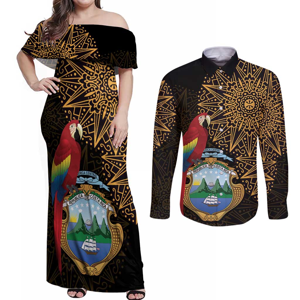 Pura Vida Costa Rica Personalized Couples Matching Off Shoulder Maxi Dress and Long Sleeve Button Shirt Oxcart Ornate Inspired Gold Pattern - Wonder Print Shop