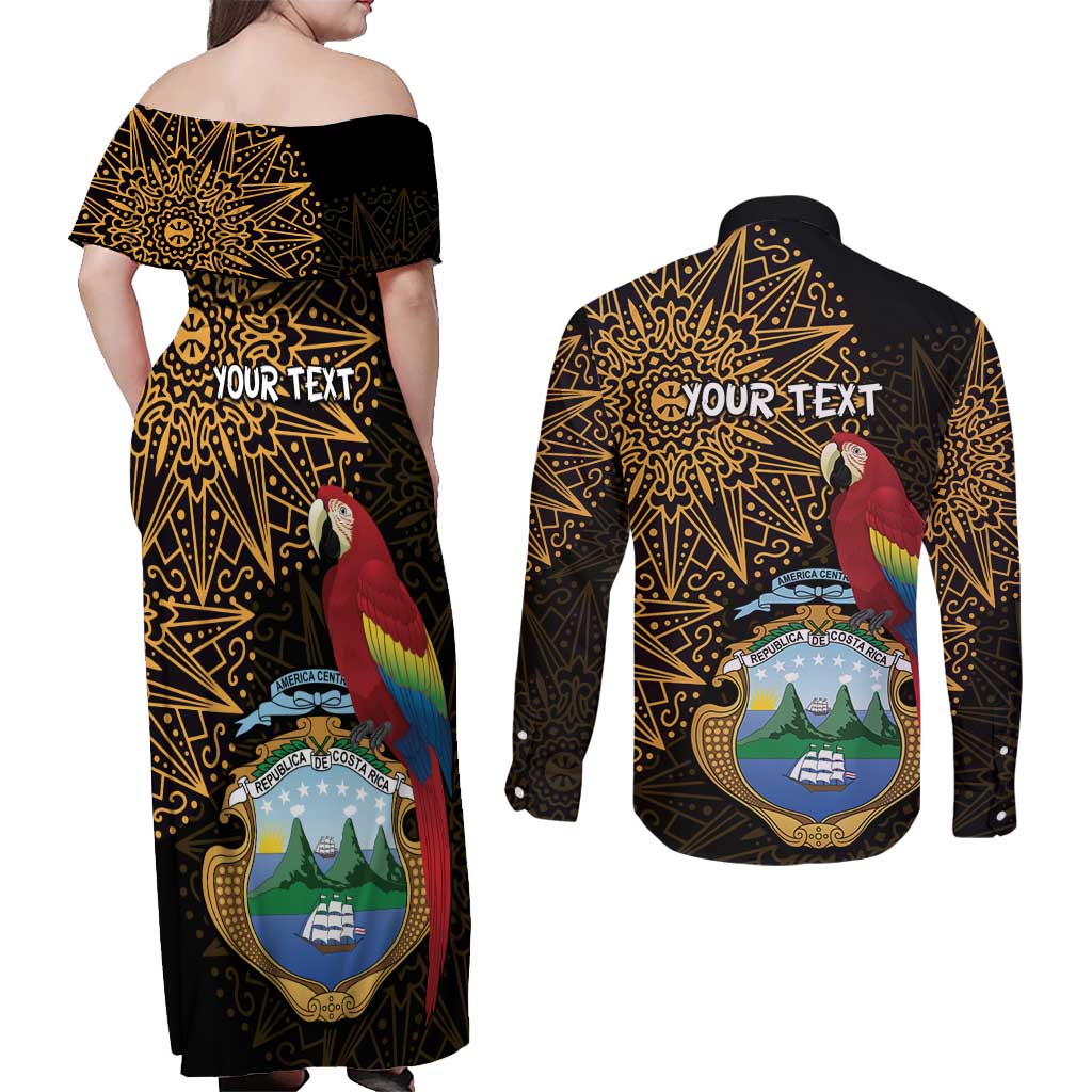 Pura Vida Costa Rica Personalized Couples Matching Off Shoulder Maxi Dress and Long Sleeve Button Shirt Oxcart Ornate Inspired Gold Pattern - Wonder Print Shop