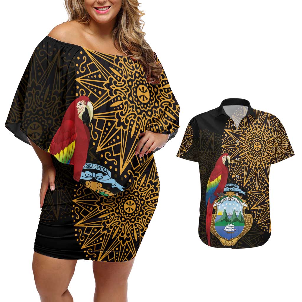 Pura Vida Costa Rica Personalized Couples Matching Off Shoulder Short Dress and Hawaiian Shirt Oxcart Ornate Inspired Gold Pattern - Wonder Print Shop