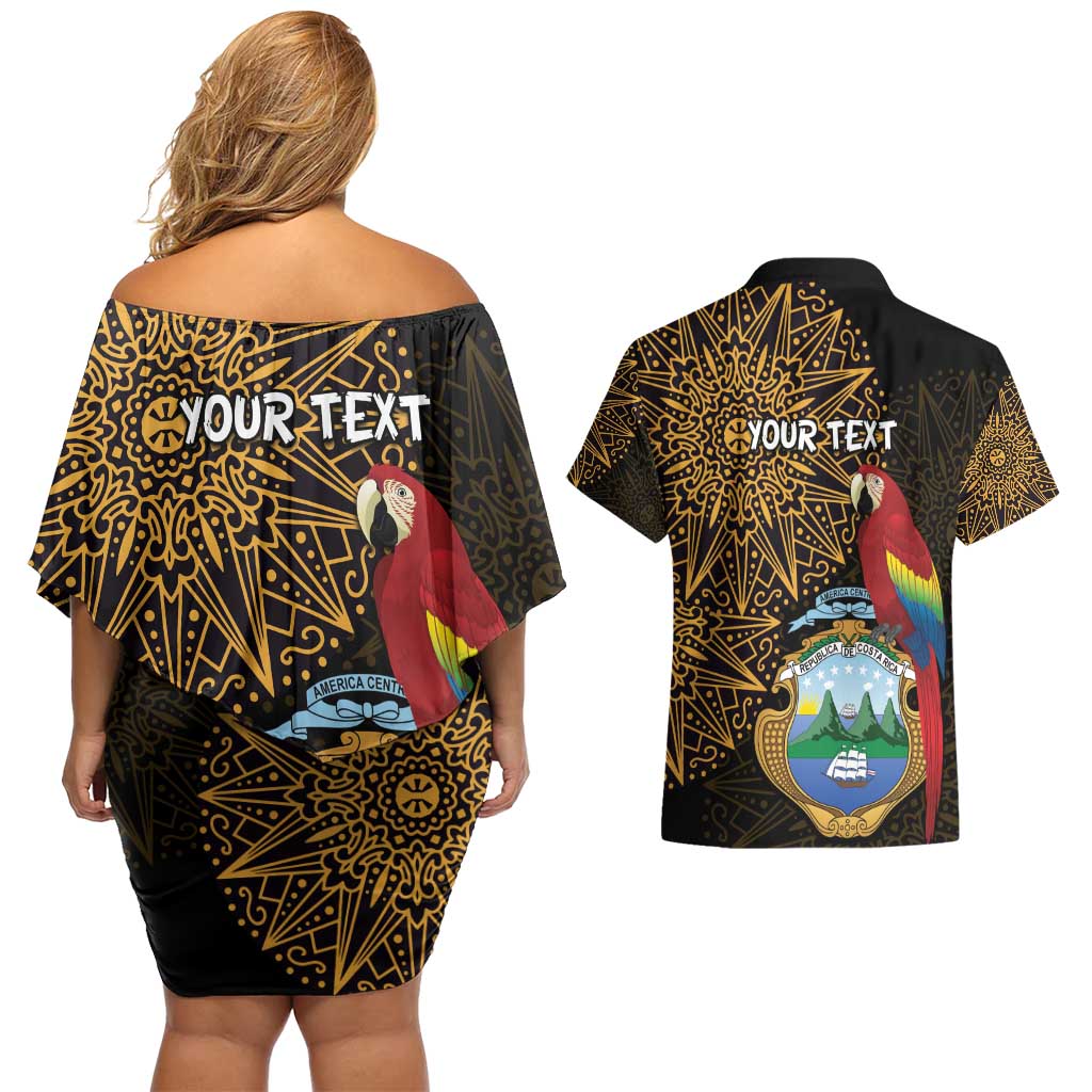 Pura Vida Costa Rica Personalized Couples Matching Off Shoulder Short Dress and Hawaiian Shirt Oxcart Ornate Inspired Gold Pattern - Wonder Print Shop
