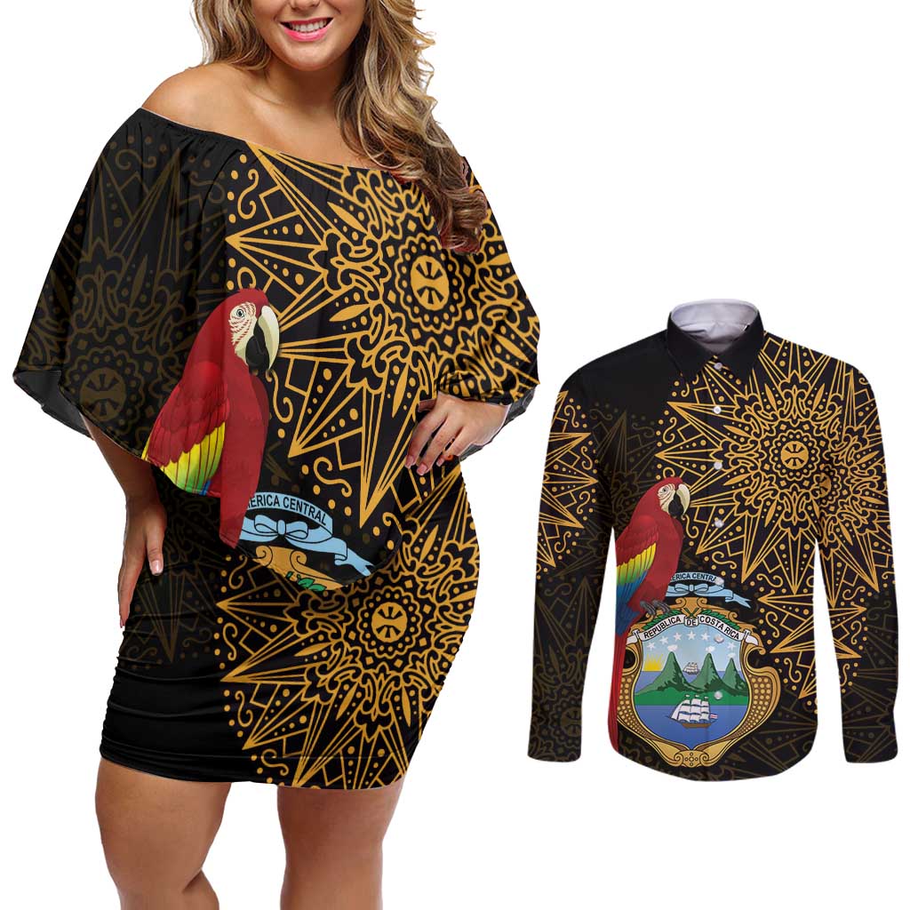 Pura Vida Costa Rica Personalized Couples Matching Off Shoulder Short Dress and Long Sleeve Button Shirt Oxcart Ornate Inspired Gold Pattern - Wonder Print Shop