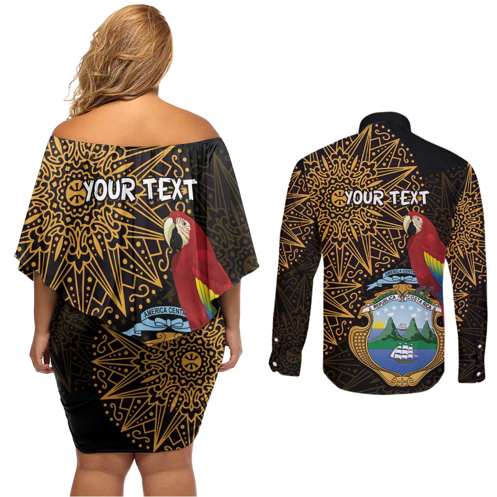 Pura Vida Costa Rica Personalized Couples Matching Off Shoulder Short Dress and Long Sleeve Button Shirt Oxcart Ornate Inspired Gold Pattern - Wonder Print Shop