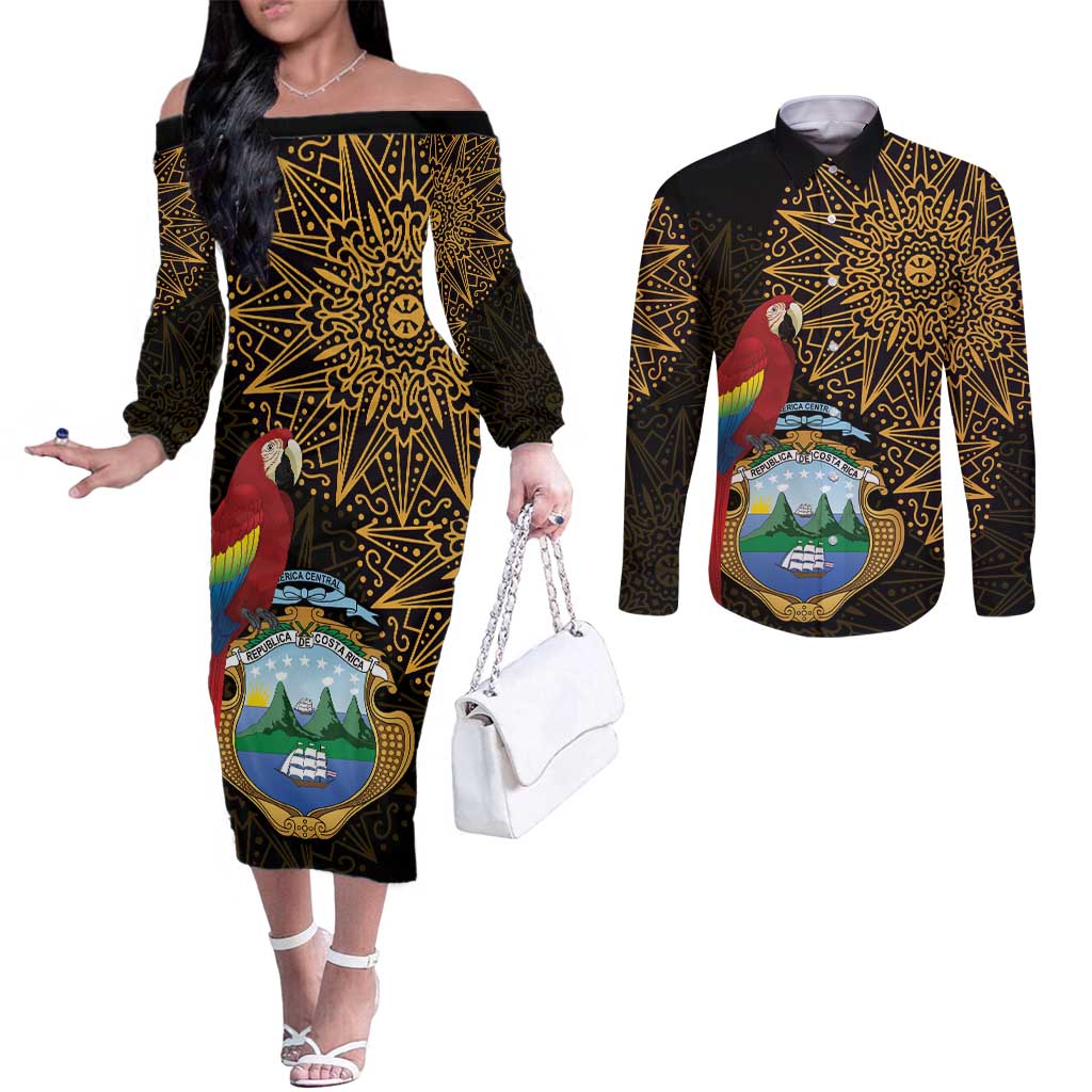 Pura Vida Costa Rica Personalized Couples Matching Off The Shoulder Long Sleeve Dress and Long Sleeve Button Shirt Oxcart Ornate Inspired Gold Pattern - Wonder Print Shop