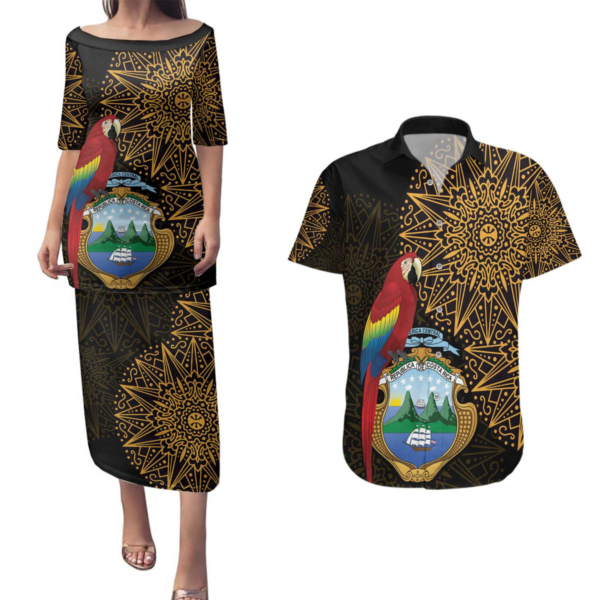 Pura Vida Costa Rica Personalized Couples Matching Puletasi and Hawaiian Shirt Oxcart Ornate Inspired Gold Pattern - Wonder Print Shop