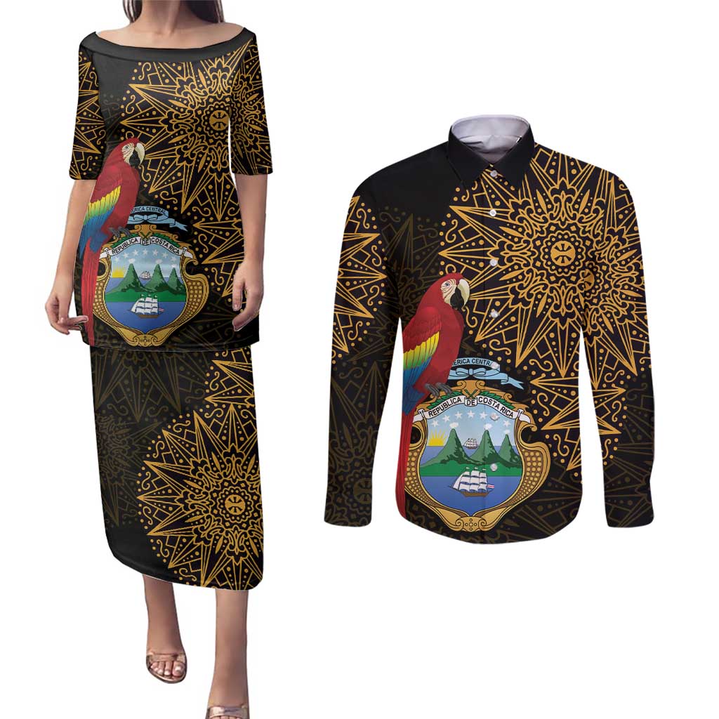 Pura Vida Costa Rica Personalized Couples Matching Puletasi and Long Sleeve Button Shirt Oxcart Ornate Inspired Gold Pattern - Wonder Print Shop