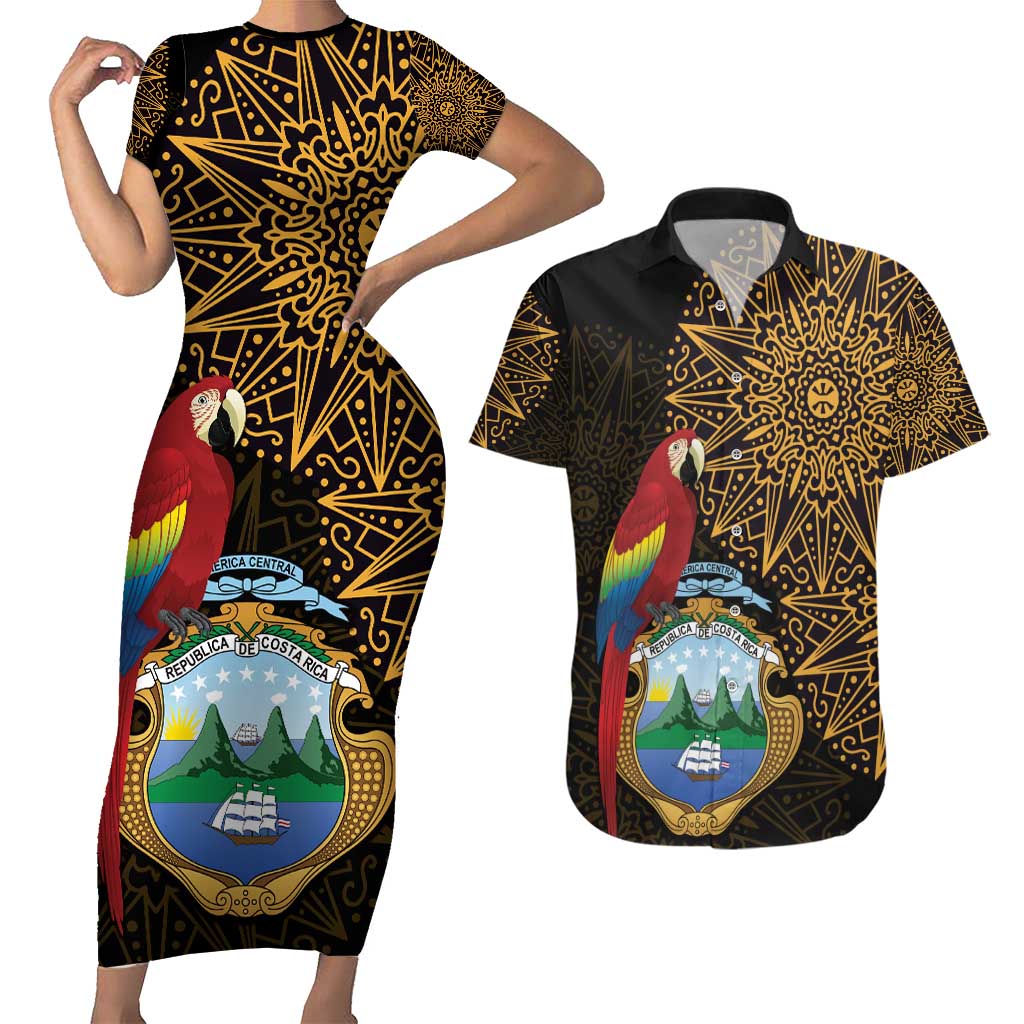 Pura Vida Costa Rica Personalized Couples Matching Short Sleeve Bodycon Dress and Hawaiian Shirt Oxcart Ornate Inspired Gold Pattern - Wonder Print Shop