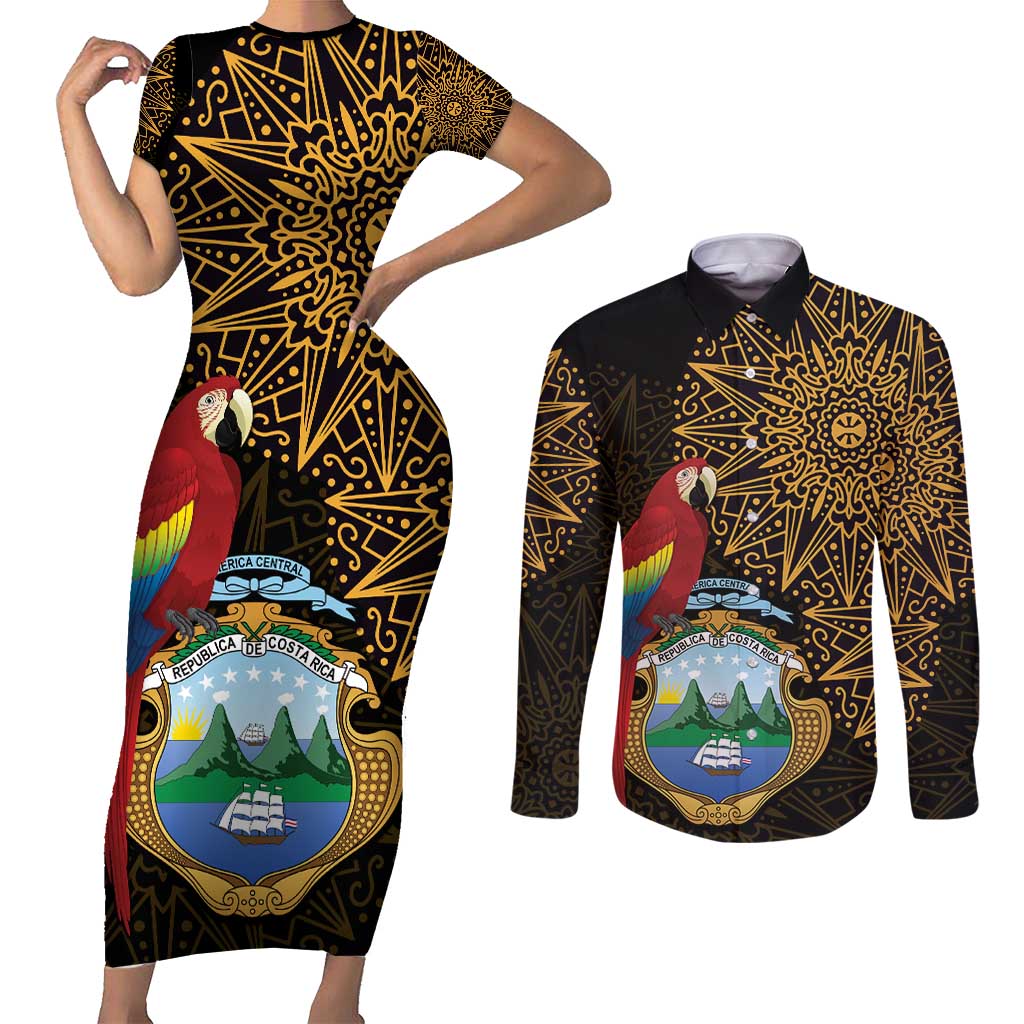 Pura Vida Costa Rica Personalized Couples Matching Short Sleeve Bodycon Dress and Long Sleeve Button Shirt Oxcart Ornate Inspired Gold Pattern - Wonder Print Shop