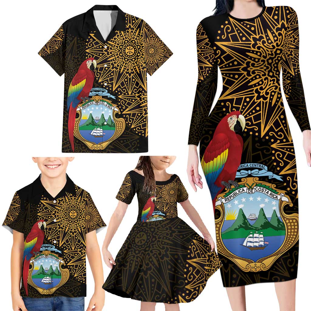 Pura Vida Costa Rica Personalized Family Matching Long Sleeve Bodycon Dress and Hawaiian Shirt Oxcart Ornate Inspired Gold Pattern - Wonder Print Shop