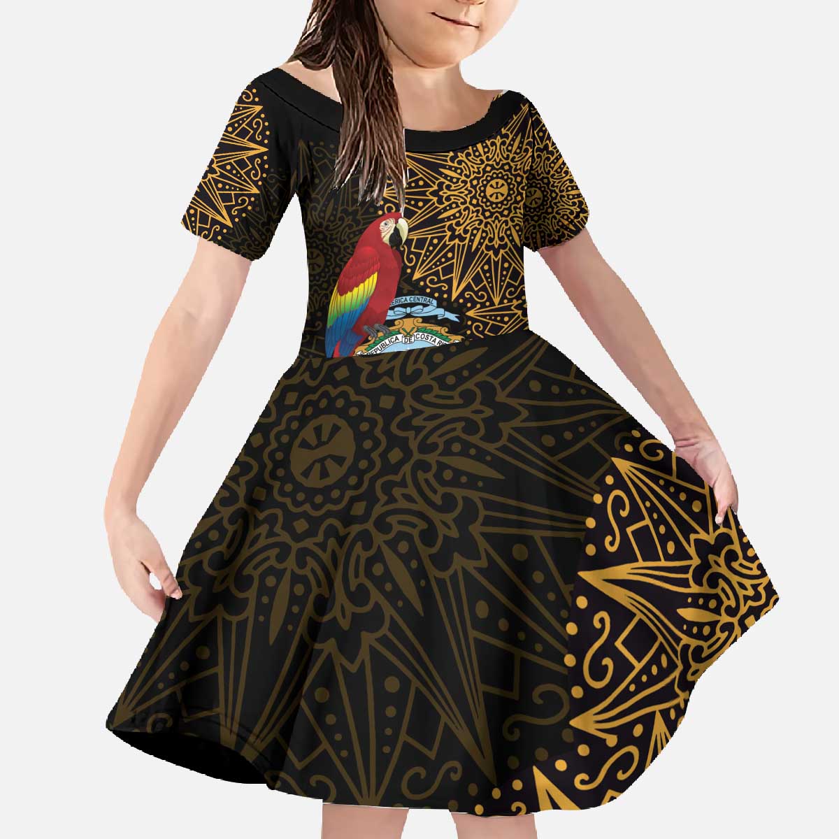 Pura Vida Costa Rica Personalized Family Matching Off The Shoulder Long Sleeve Dress and Hawaiian Shirt Oxcart Ornate Inspired Gold Pattern - Wonder Print Shop