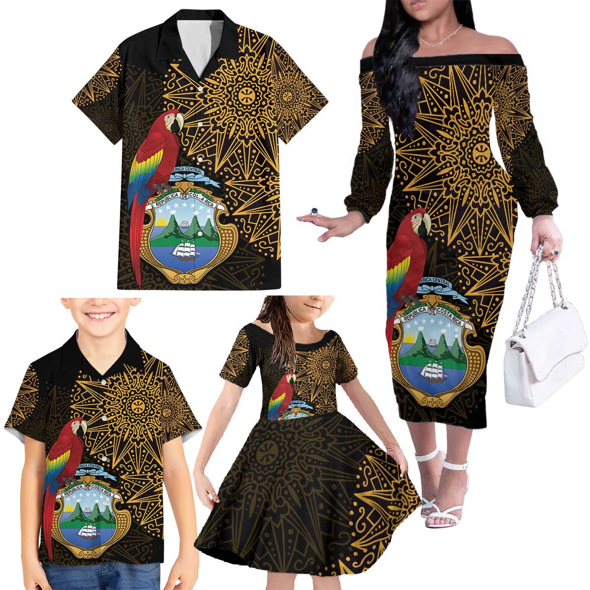 Pura Vida Costa Rica Personalized Family Matching Off The Shoulder Long Sleeve Dress and Hawaiian Shirt Oxcart Ornate Inspired Gold Pattern - Wonder Print Shop