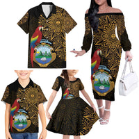 Pura Vida Costa Rica Personalized Family Matching Off The Shoulder Long Sleeve Dress and Hawaiian Shirt Oxcart Ornate Inspired Gold Pattern - Wonder Print Shop