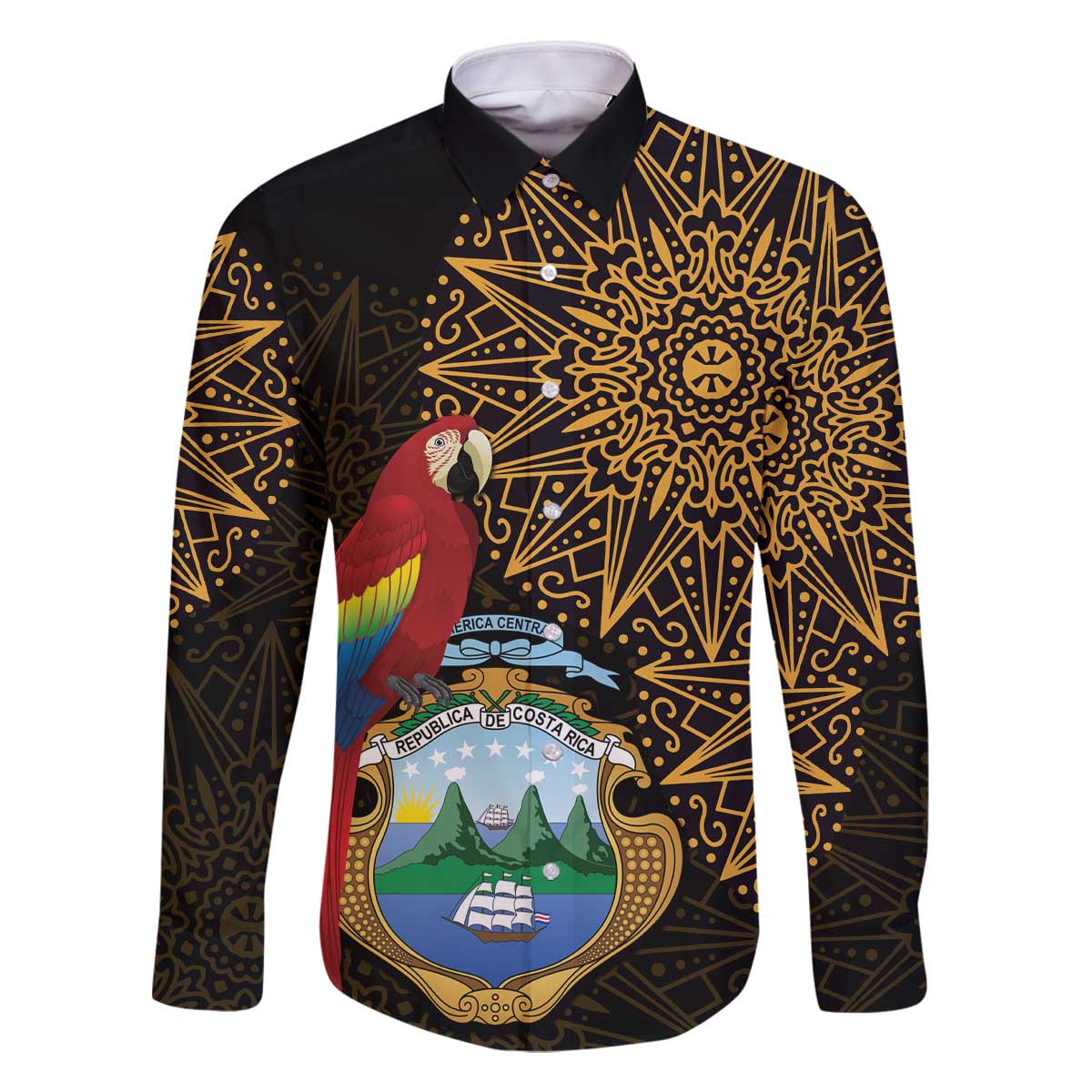 Pura Vida Costa Rica Personalized Family Matching Off The Shoulder Long Sleeve Dress and Hawaiian Shirt Oxcart Ornate Inspired Gold Pattern - Wonder Print Shop