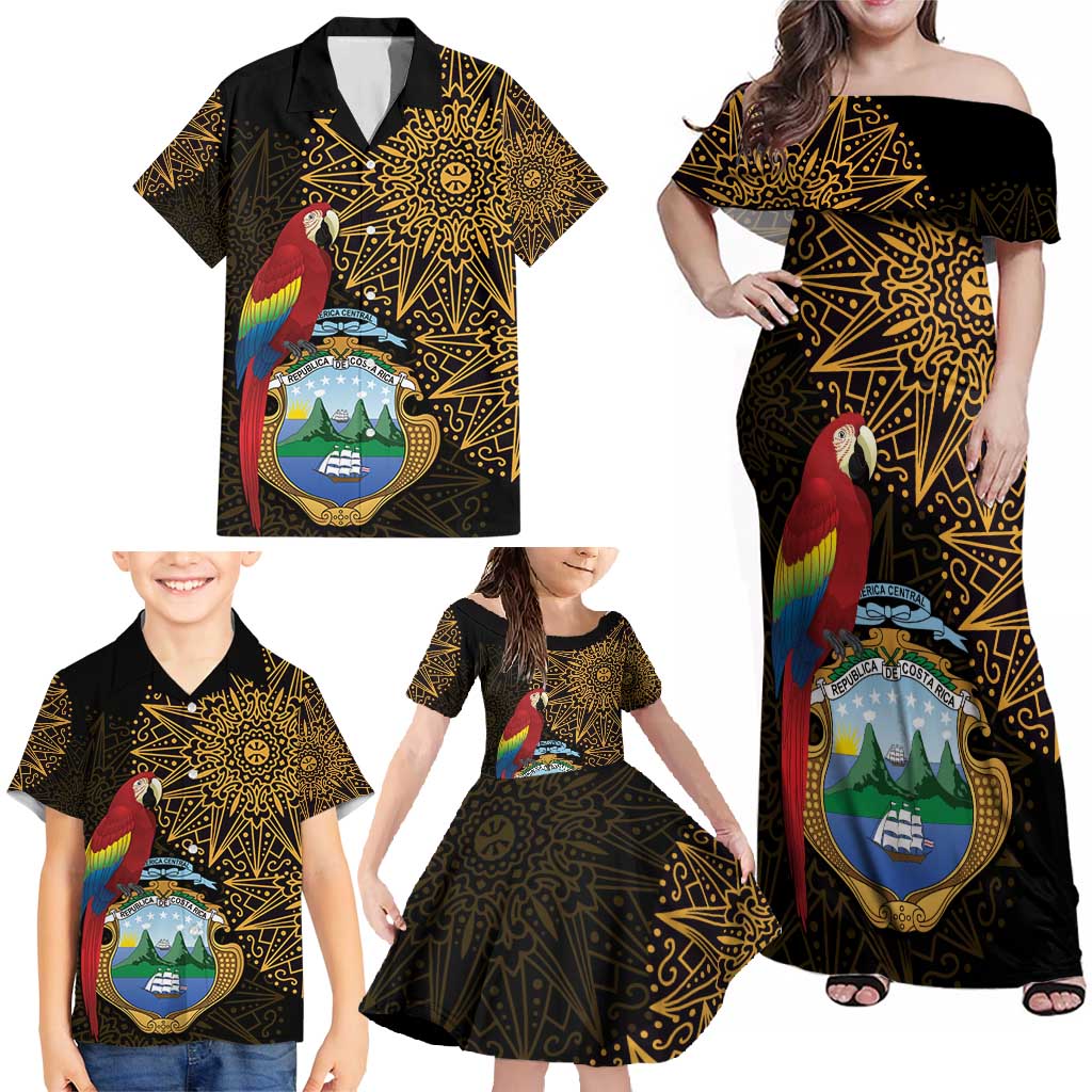 Pura Vida Costa Rica Personalized Family Matching Off Shoulder Maxi Dress and Hawaiian Shirt Oxcart Ornate Inspired Gold Pattern - Wonder Print Shop