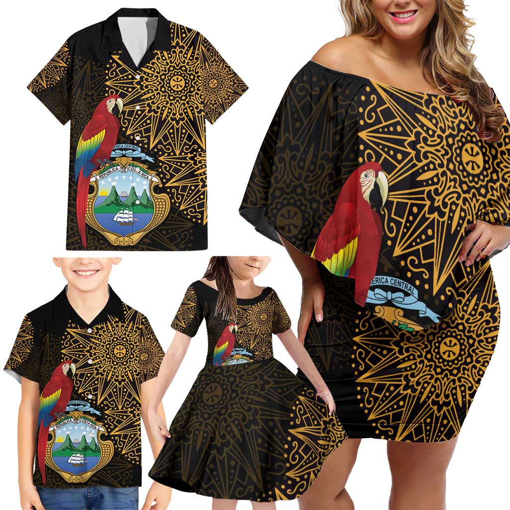 Pura Vida Costa Rica Personalized Family Matching Off Shoulder Short Dress and Hawaiian Shirt Oxcart Ornate Inspired Gold Pattern - Wonder Print Shop
