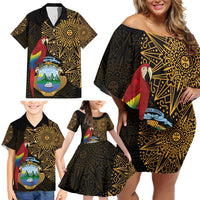 Pura Vida Costa Rica Personalized Family Matching Off Shoulder Short Dress and Hawaiian Shirt Oxcart Ornate Inspired Gold Pattern - Wonder Print Shop