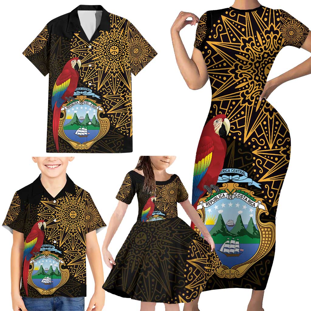 Pura Vida Costa Rica Personalized Family Matching Short Sleeve Bodycon Dress and Hawaiian Shirt Oxcart Ornate Inspired Gold Pattern - Wonder Print Shop