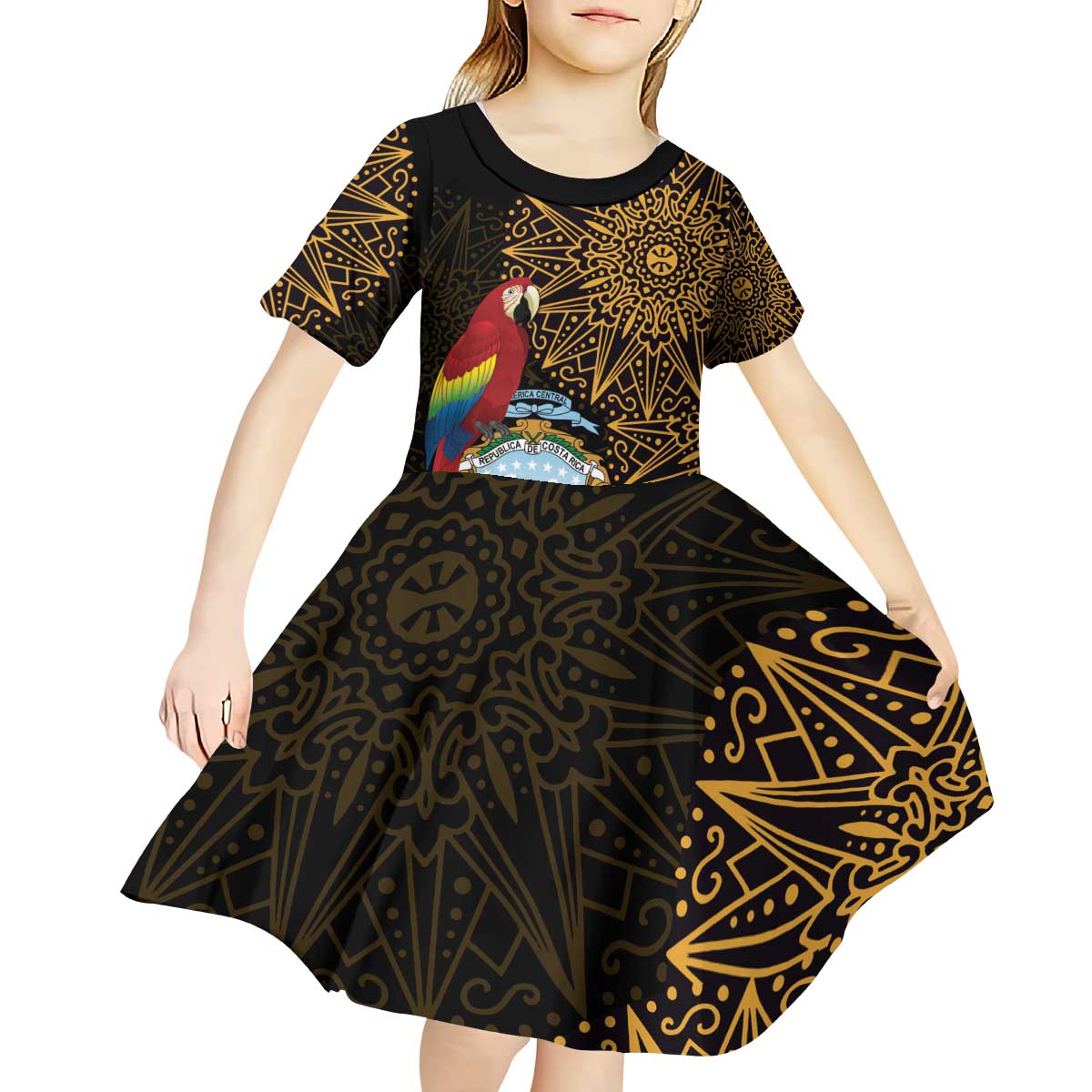 Pura Vida Costa Rica Personalized Kid Short Sleeve Dress Oxcart Ornate Inspired Gold Pattern - Wonder Print Shop