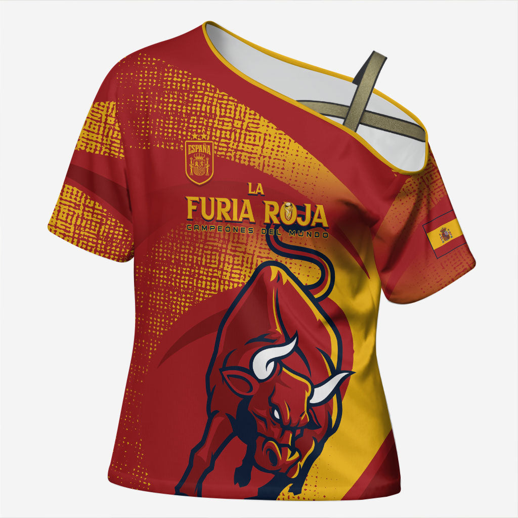 La Furia Roja Custom Campeones del Mundo Cross Shoulder Shirt Espana El Toro