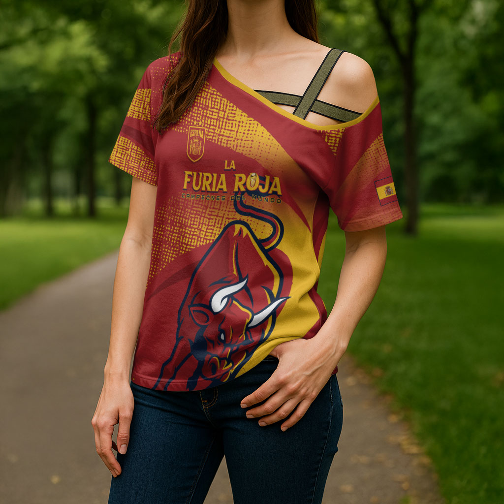 La Furia Roja Custom Campeones del Mundo Cross Shoulder Shirt Espana El Toro
