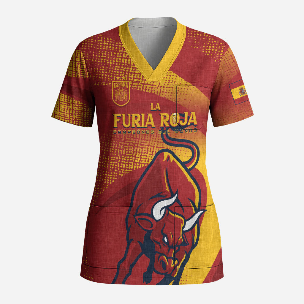 La Furia Roja Custom Campeones del Mundo Scrub Top Espana El Toro