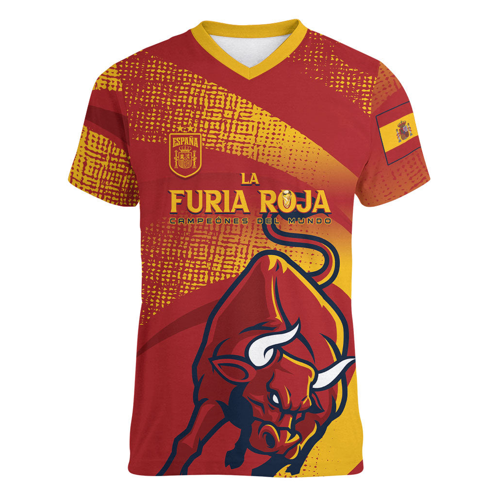 La Furia Roja Custom Campeones del Mundo Women V-Neck T-Shirt Espana El Toro