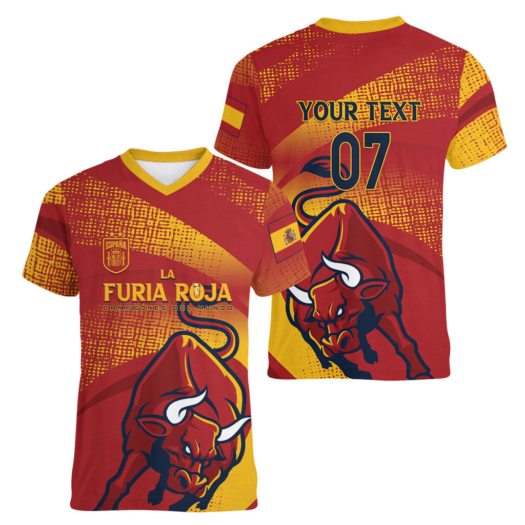 La Furia Roja Custom Campeones del Mundo Women V-Neck T-Shirt Espana El Toro